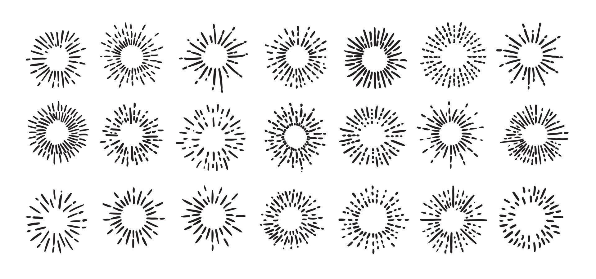 Sun rays images on black background. Firework hand drawn icons set. Vector. vector