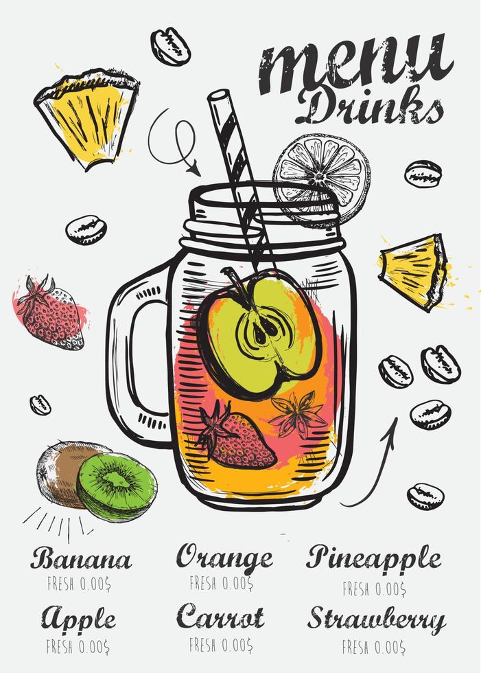 jugo de menú, batido. diseño de plantilla, estilo dibujado a mano. vector