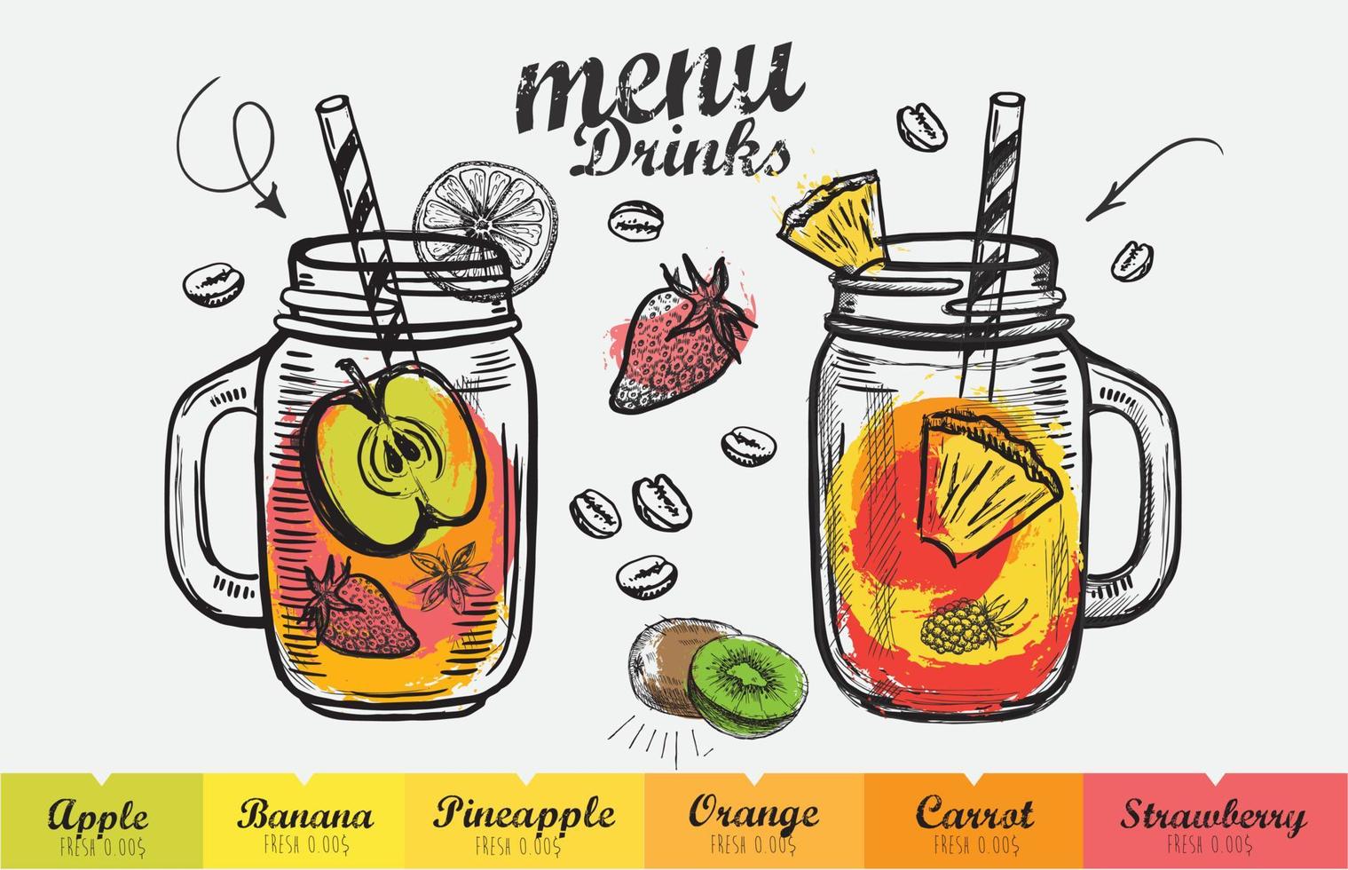 jugo de menú, batido. diseño de plantilla, estilo dibujado a mano. vector