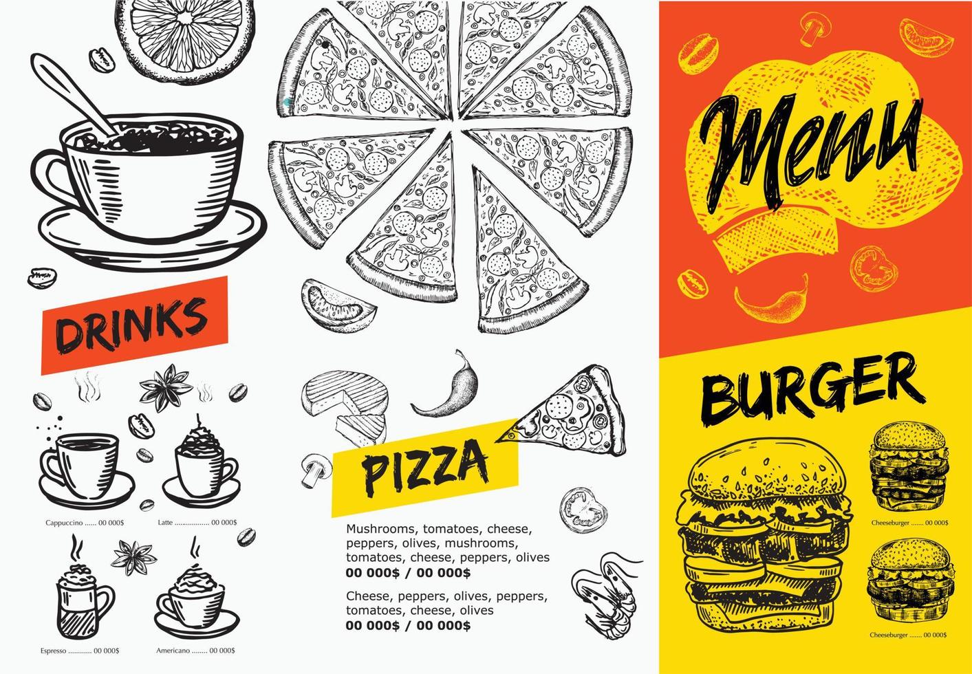 Restaurant menu, template design.. Food flyer. Hand-drawn style. Vector illustration.