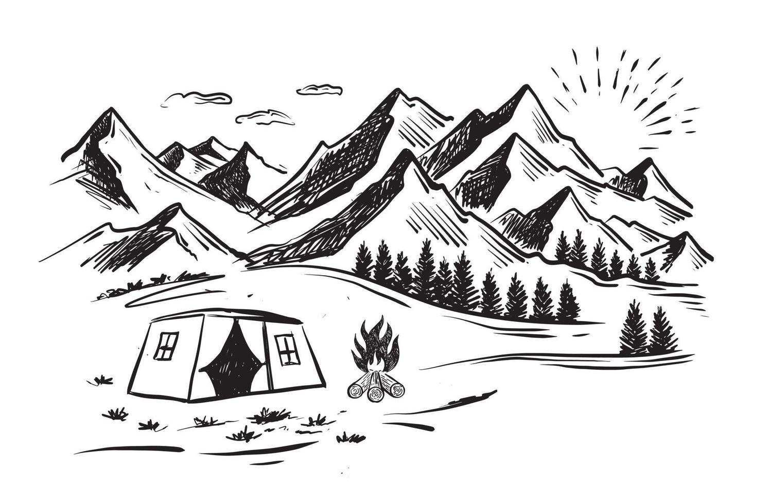 Camping in nature, Mountain landscape, sketch style, vector illustrations.