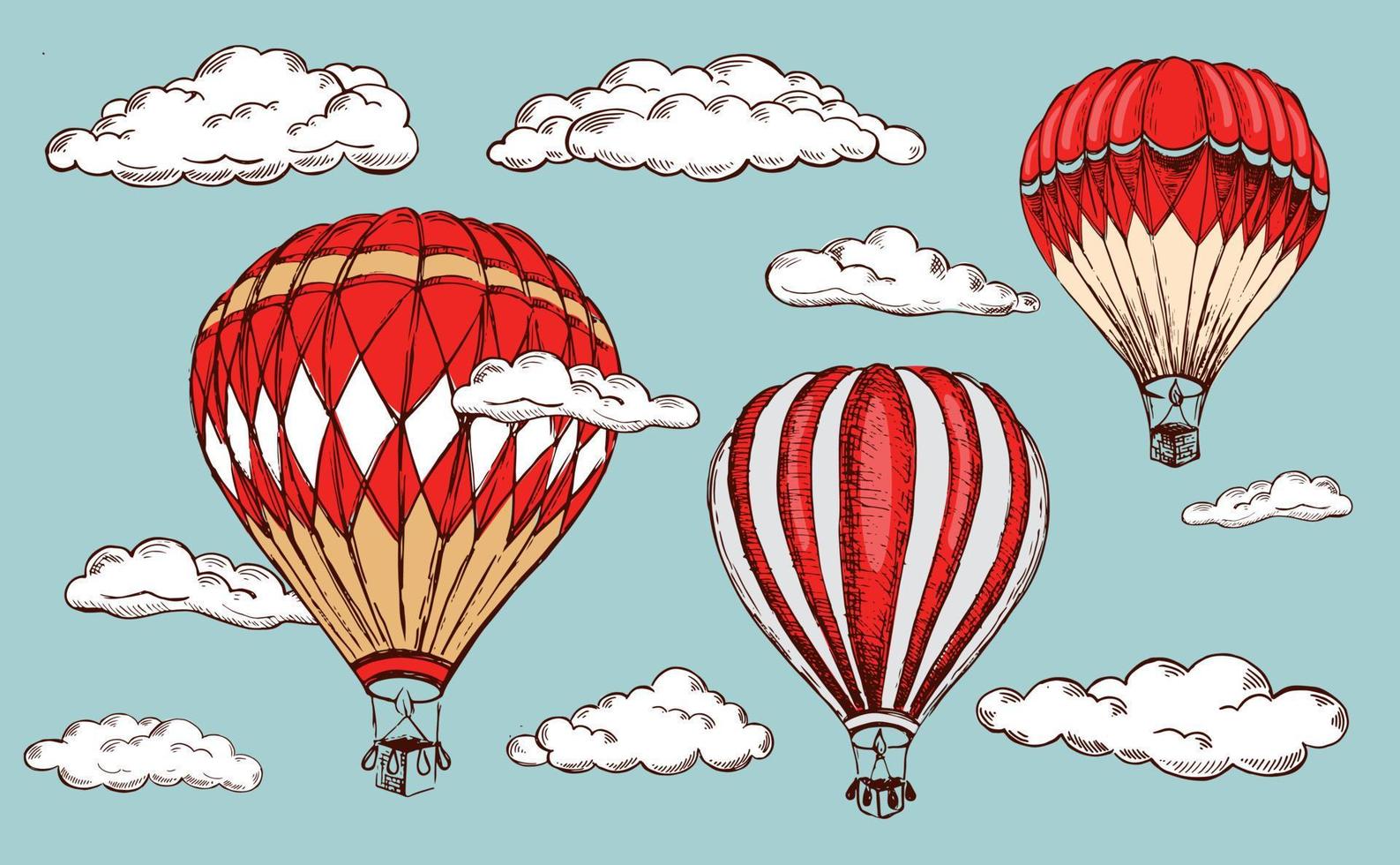 globos aerostáticos volando. ilustración dibujada a mano. vector