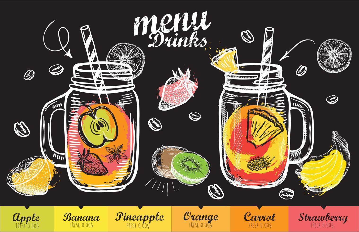 Menu Juice, Smoothie. Template design, Hand drawn style. vector