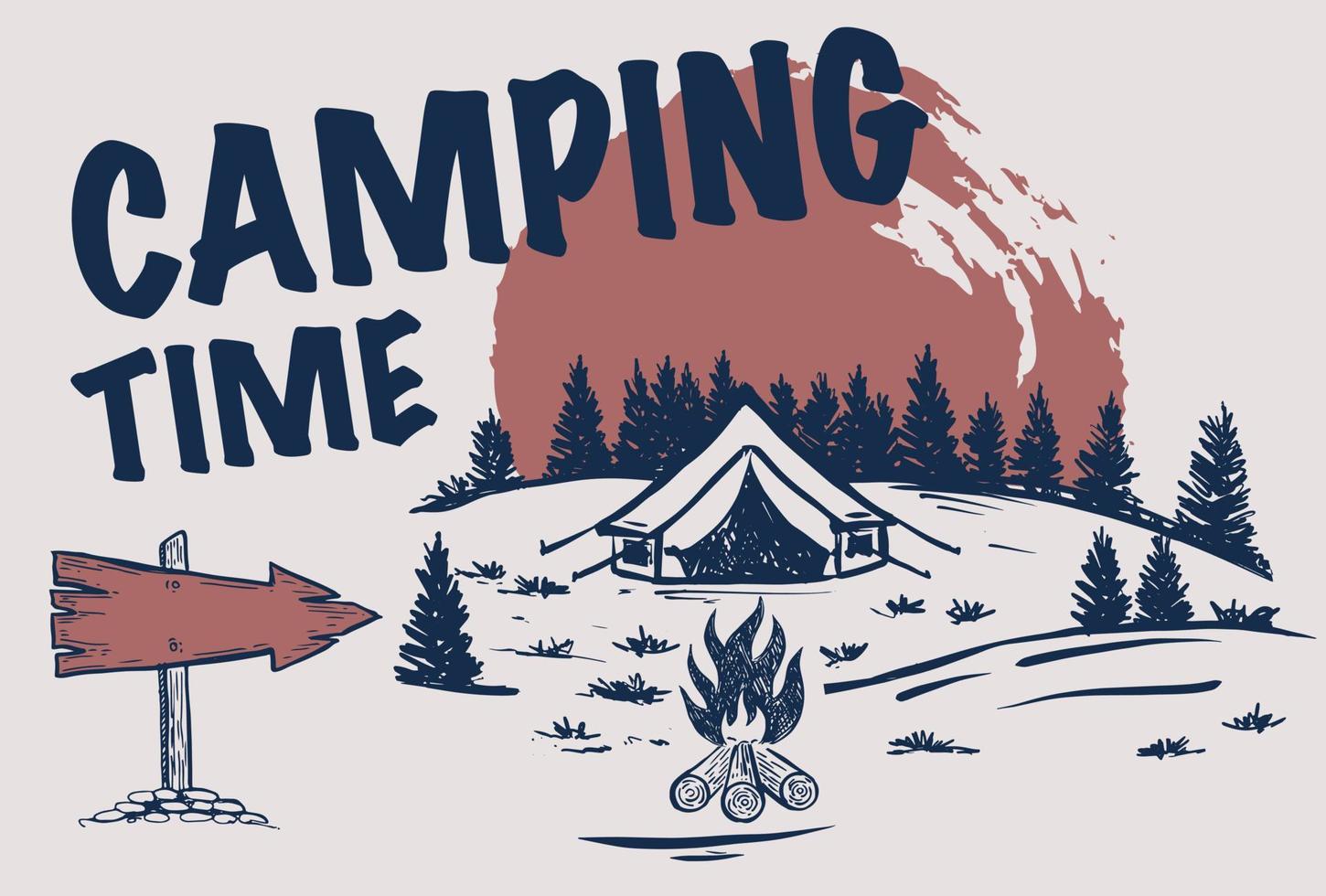 Camping time in nature, Mountain landscape, sketch style, vector illustrations.