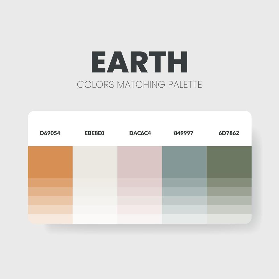 La paleta de colores tierra o los esquemas de color son combinaciones de tendencias y guías de paletas. ejemplo de tonos de colores de mesa en rgb y hexadecimal. una muestra de color para los amantes de la moda nupcial, el hogar y el diseño de interiores vector