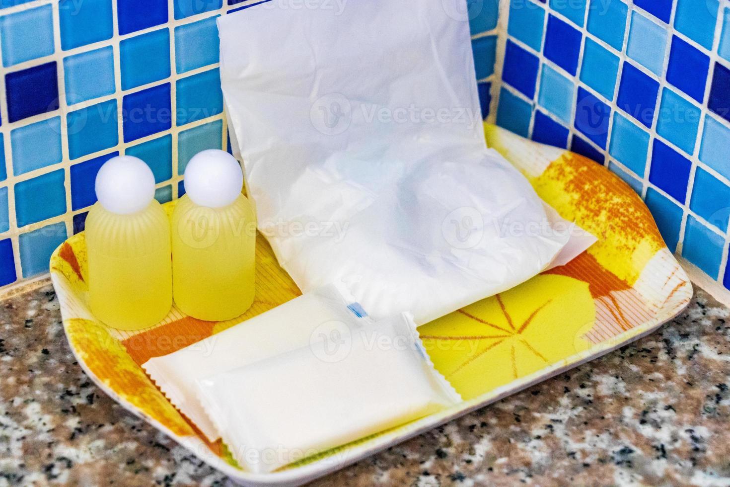 Hotel bathroom typical Thai hygiene products on Phuket Thailand. photo