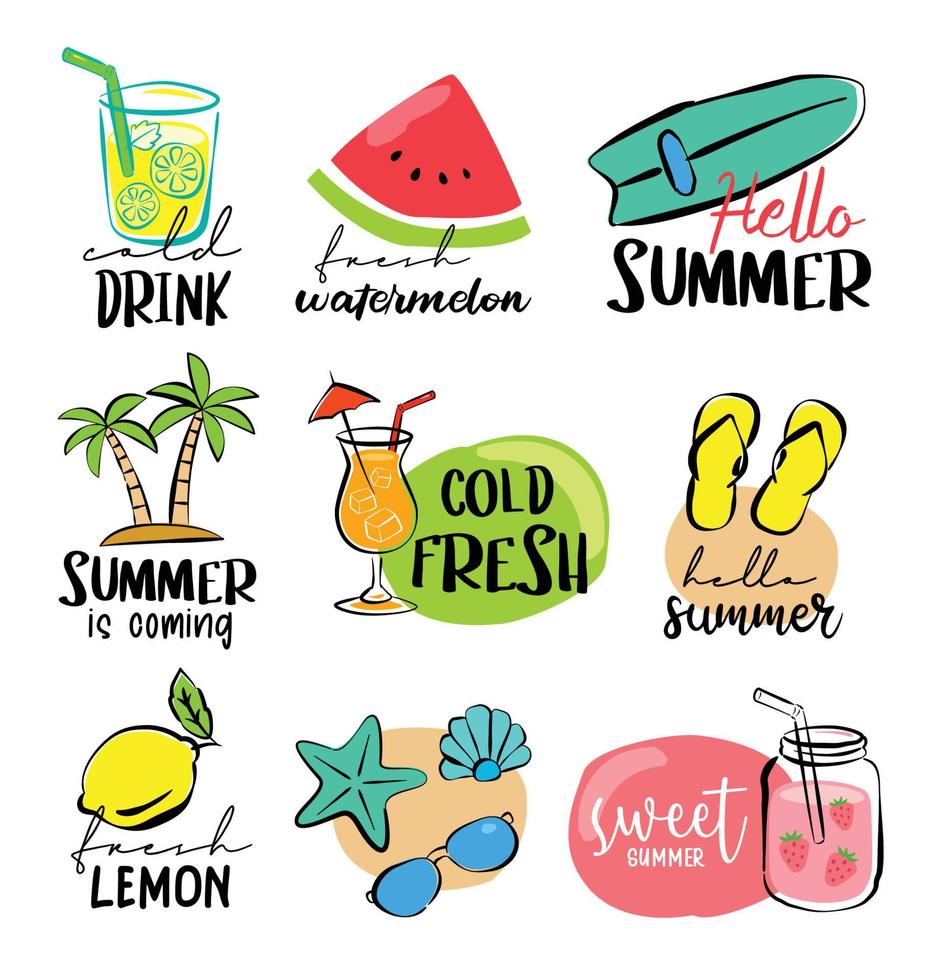 Set of hand drawn signs and banners elements travel. Hello summer symbols and objects. vector