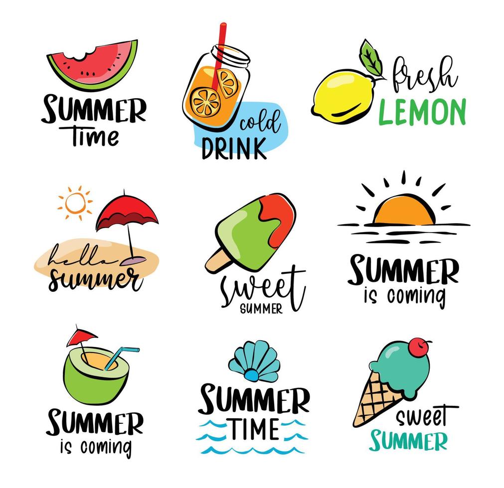 Set of hand drawn signs and banners elements travel. Hello summer symbols and objects. vector