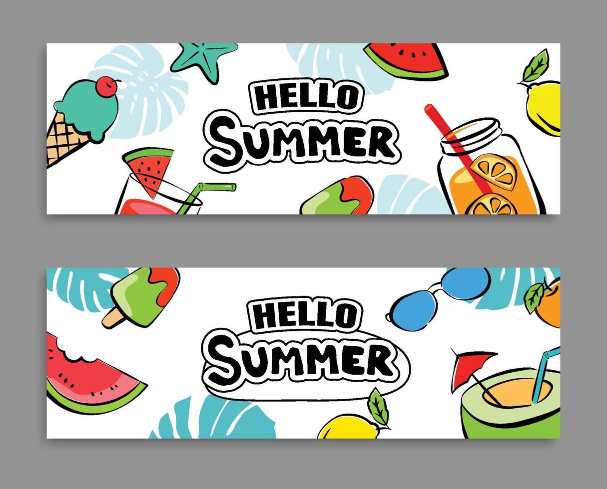 hola diseño de banners de verano estilo dibujado a mano. verano con garabatos y elementos de objetos para el fondo de la fiesta en la playa. vector