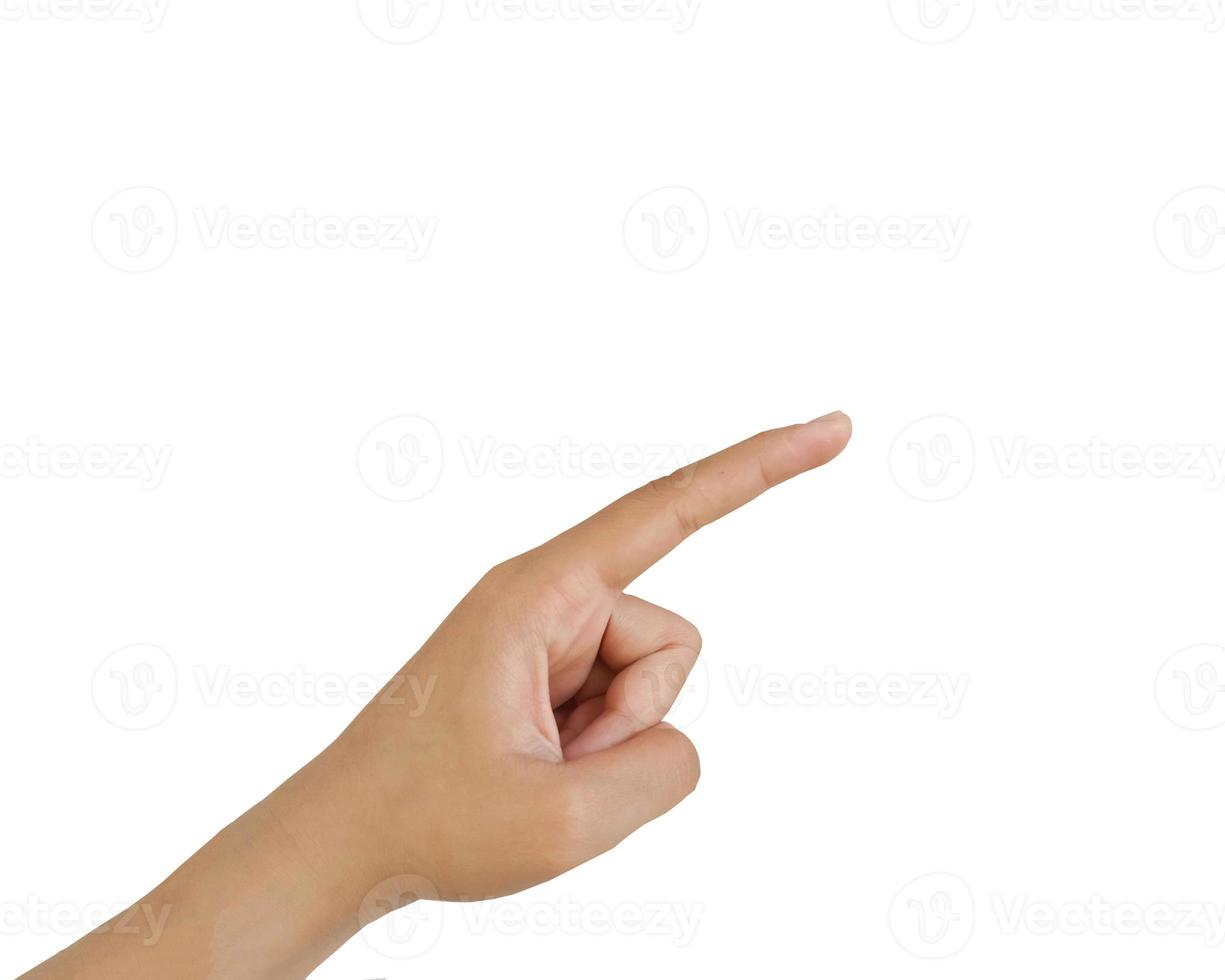 Close up Asian female 15-20 age hand pointing with index finger touching or pressing, sign arm and hand isolated on a white background copy space symbol language photo