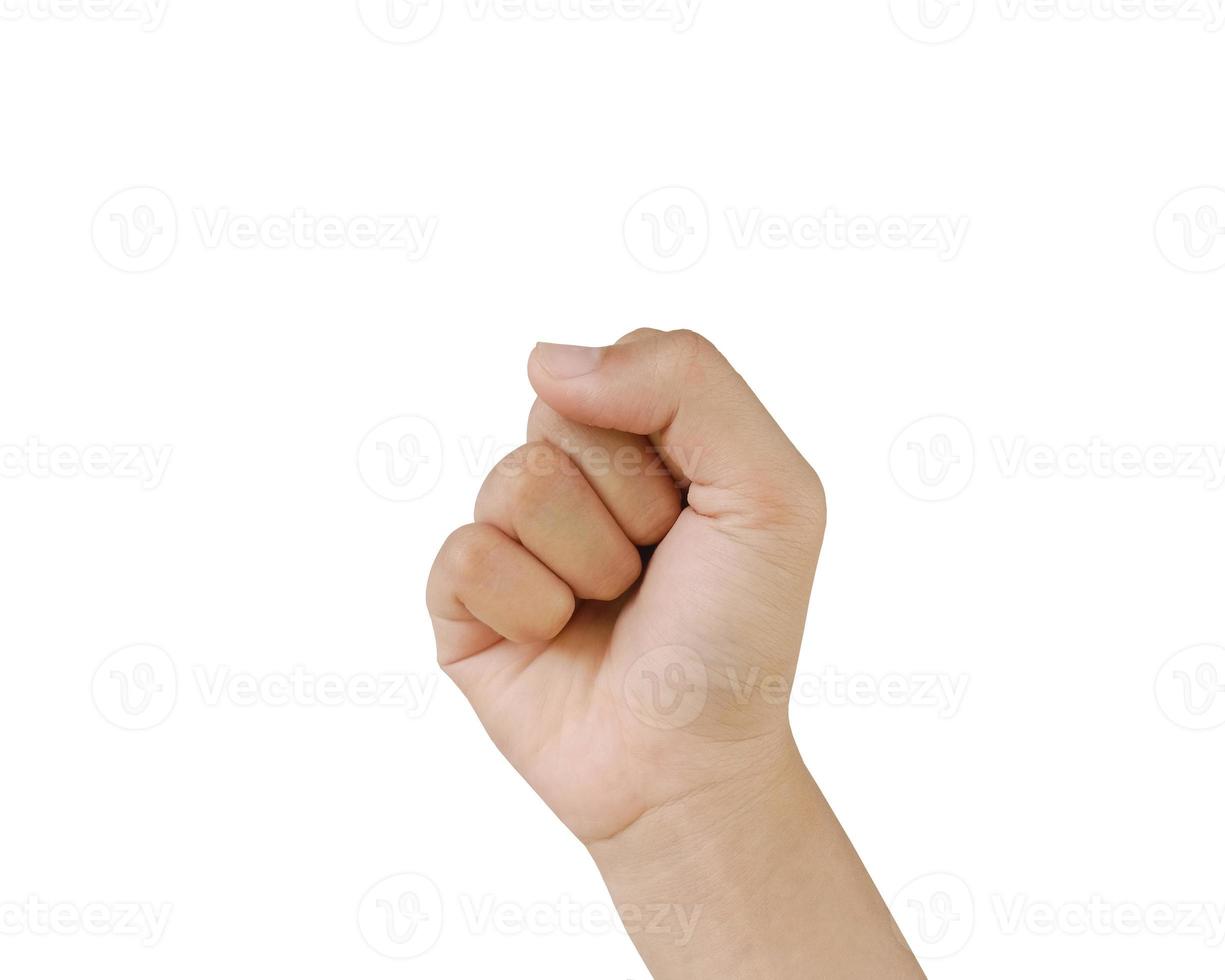 Close up Asian female hand show stranglehold, arm and hand isolated on a white background photo