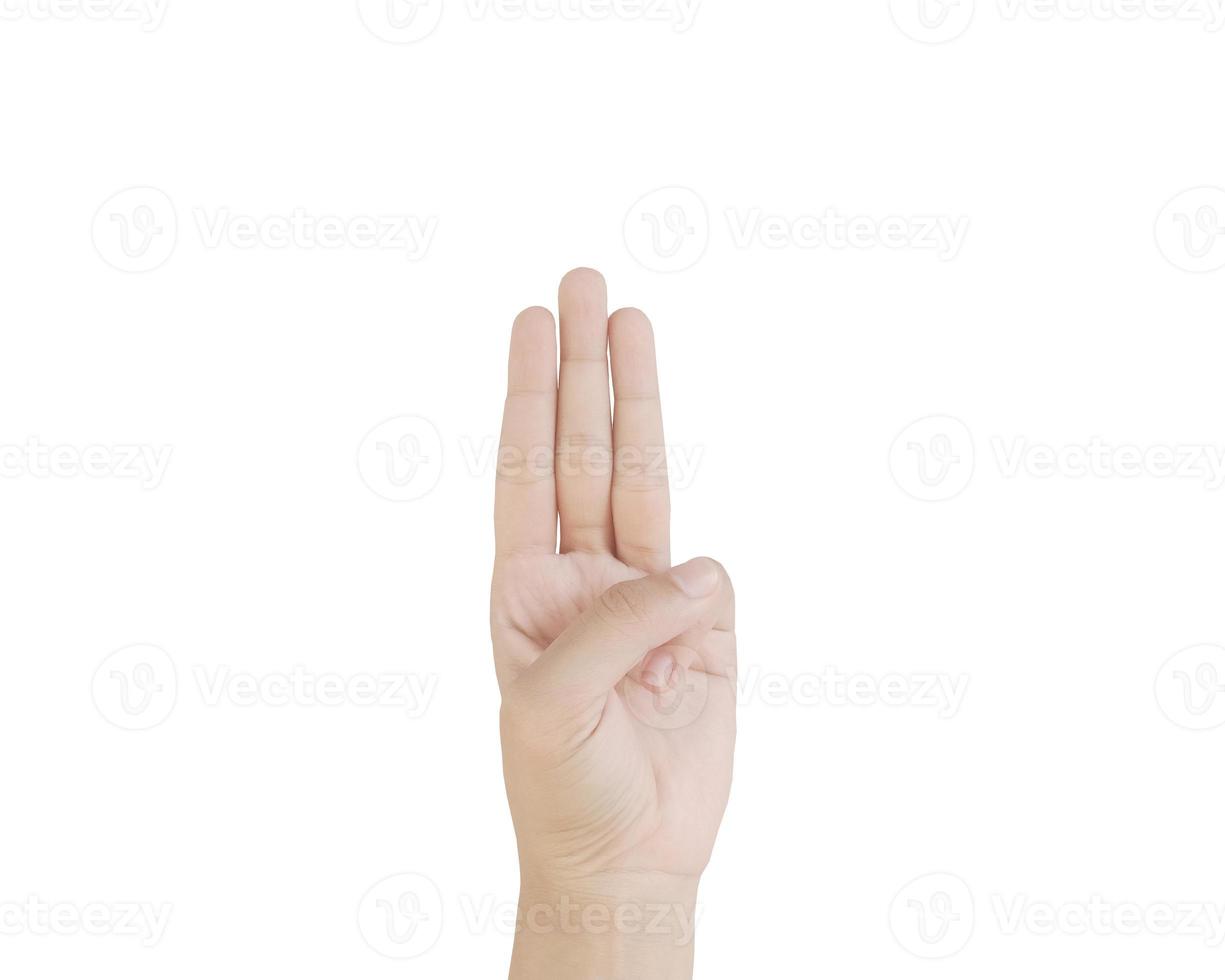 Close up Asian female15-20 age hand show Number three finger, sign arm and hand isolated on a white background copy space symbol language photo