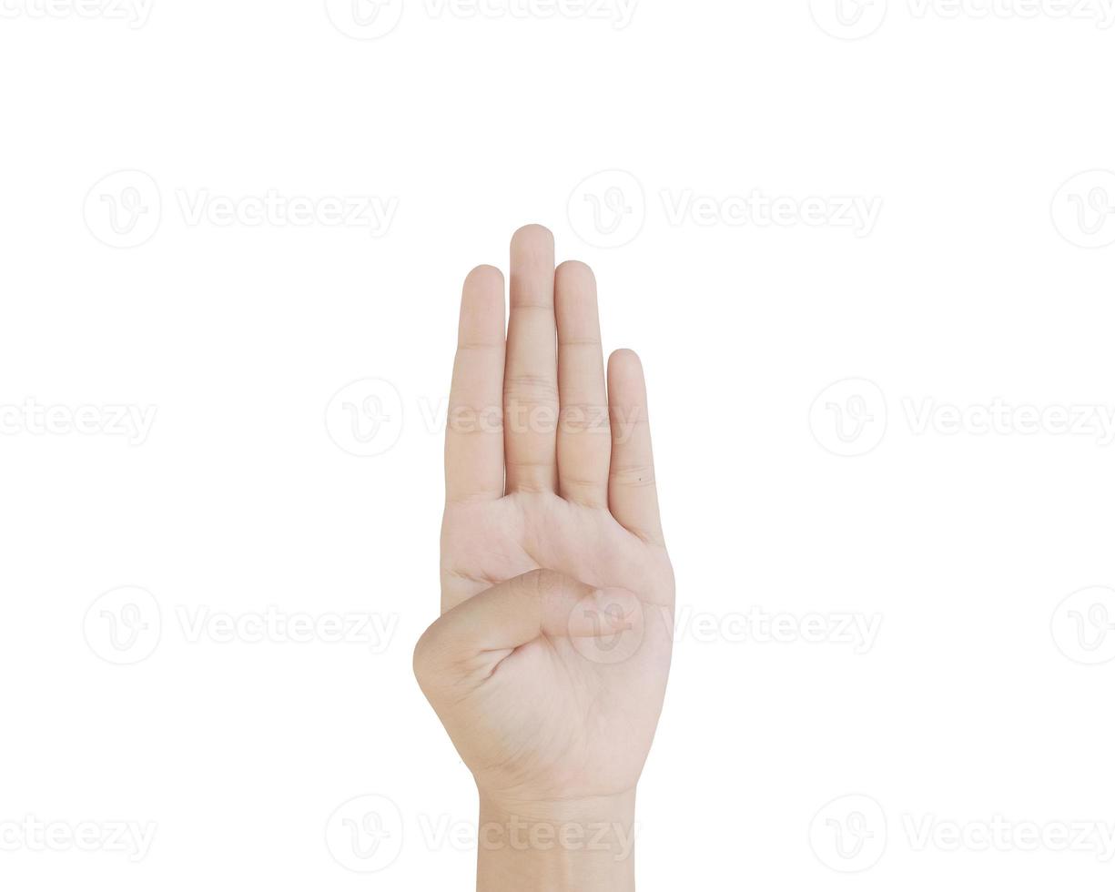 Close up Asian female15-20 age hand show Number four finger, sign arm and hand isolated on a white background copy space symbol language photo