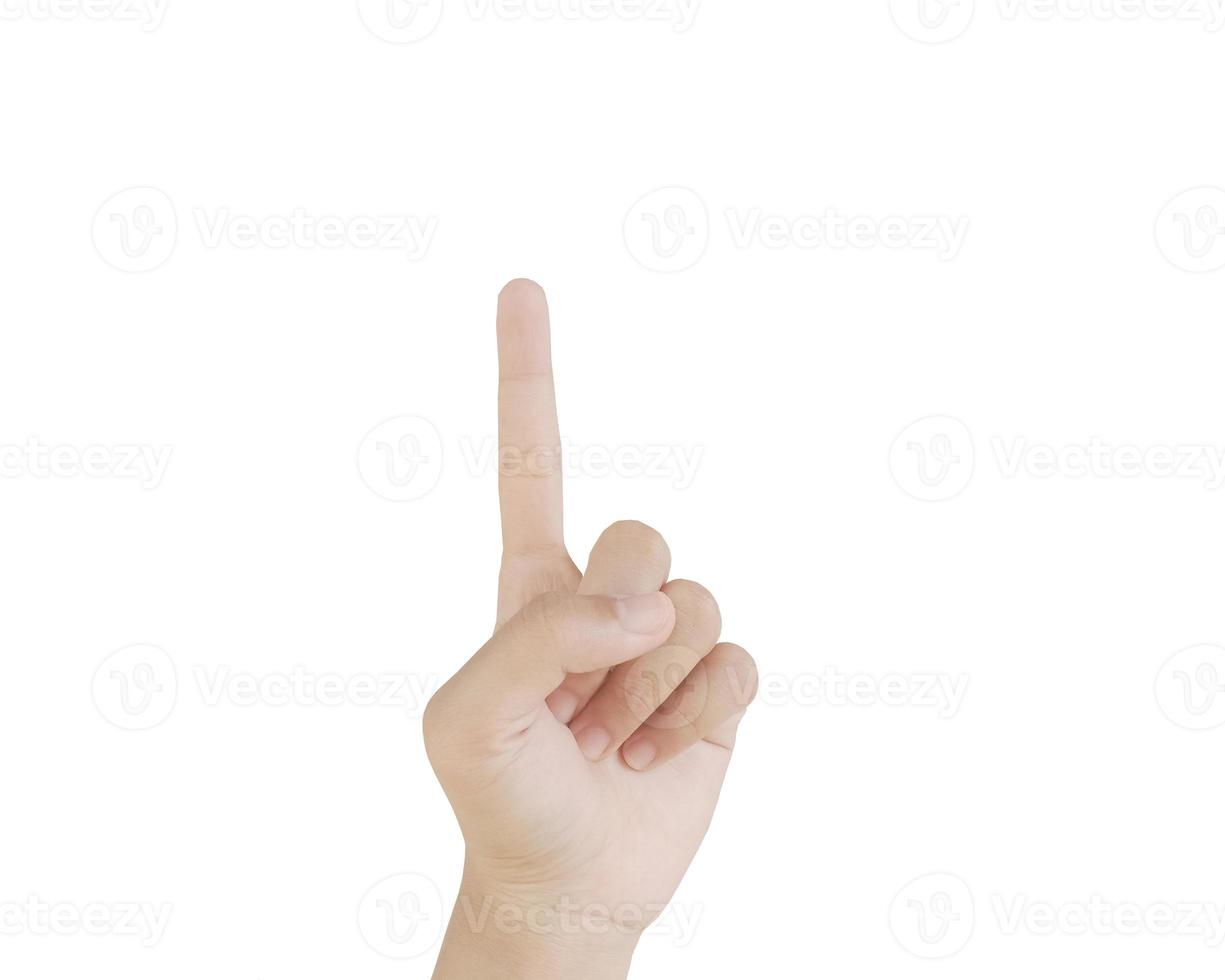 Close up Asian female15-20 age hand show Number one finger, sign arm and hand isolated on a white background copy space symbol language photo