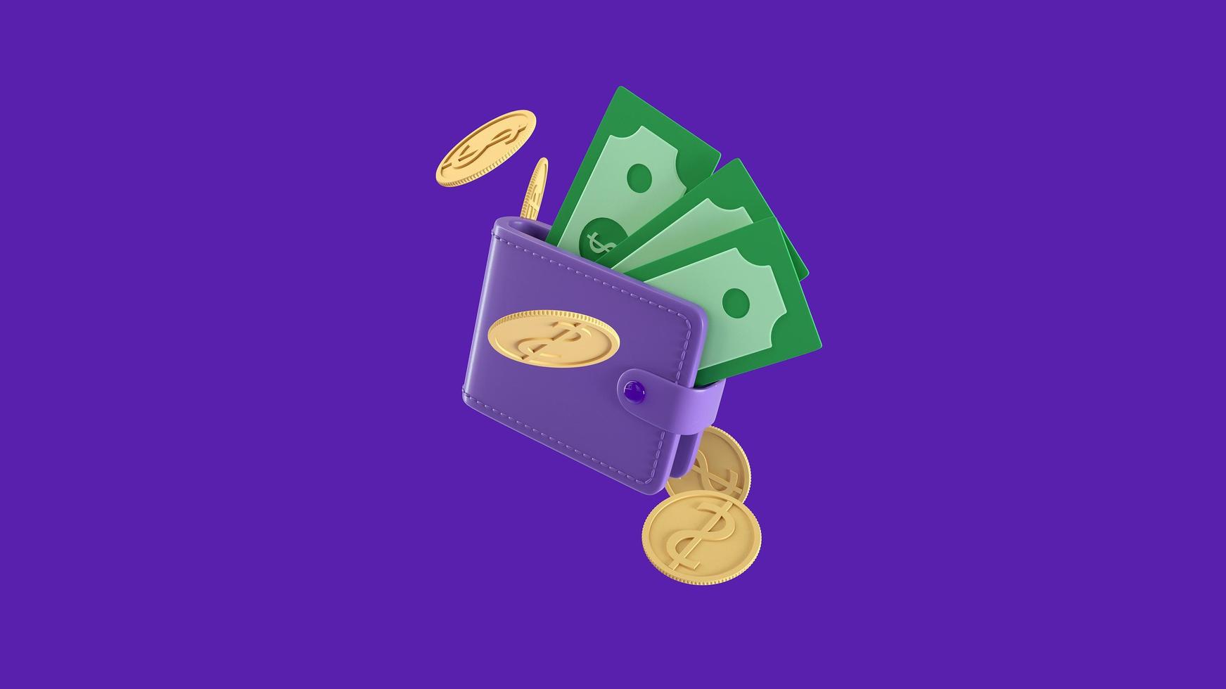 Wallet and banknotes with coins going around icon, Money saving concept. 3d render illustration photo