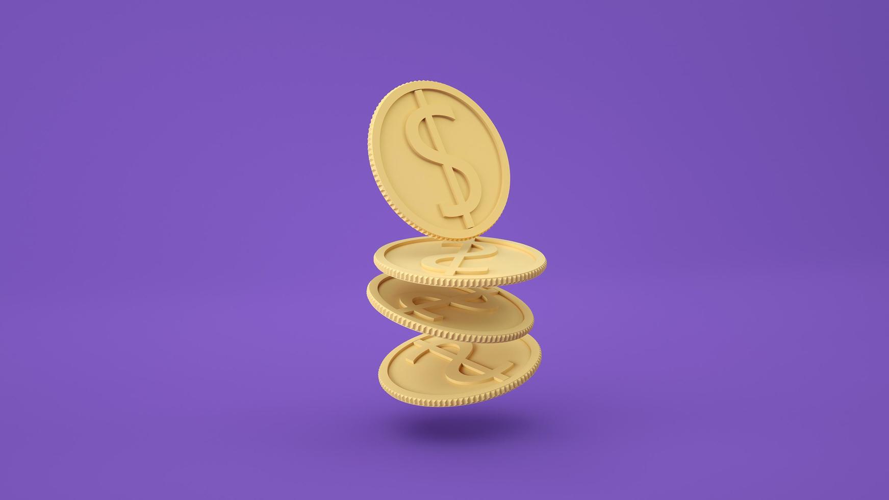 Coins stack falling on purple background, business investment profit, money saving concept. 3d render illustration. photo