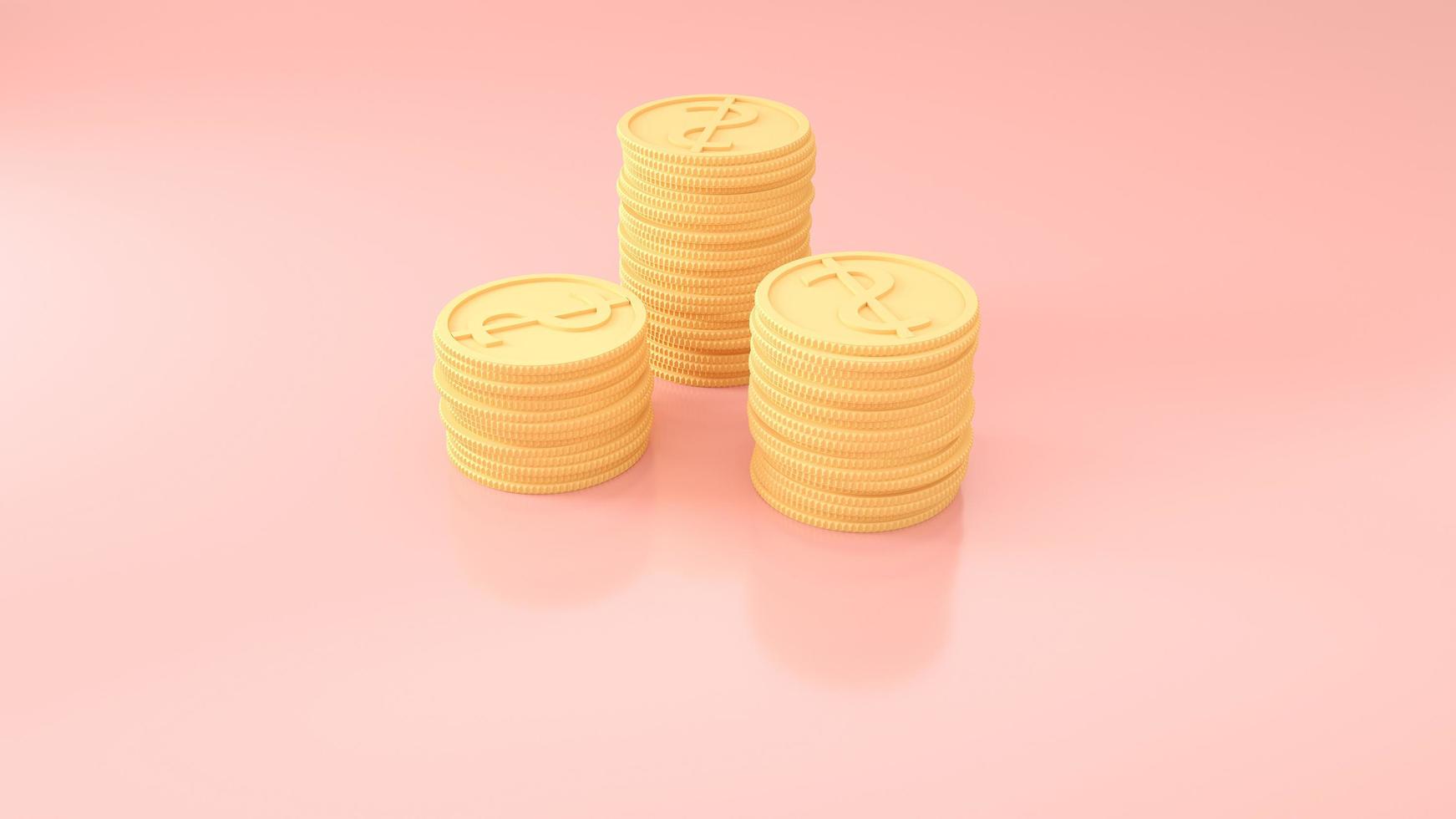 Pila de monedas de oro 3d sobre fondo rosa, icono de monedas 3d para banner web e icono de aplicación móvil. foto