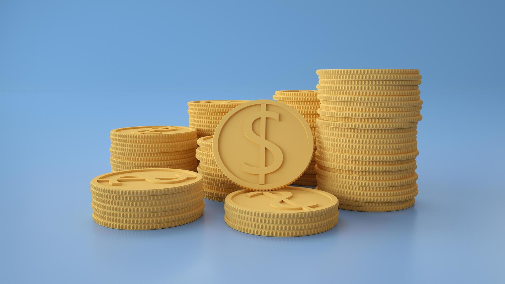 Stacks of dollar coins on blue background. 3d render illustration photo