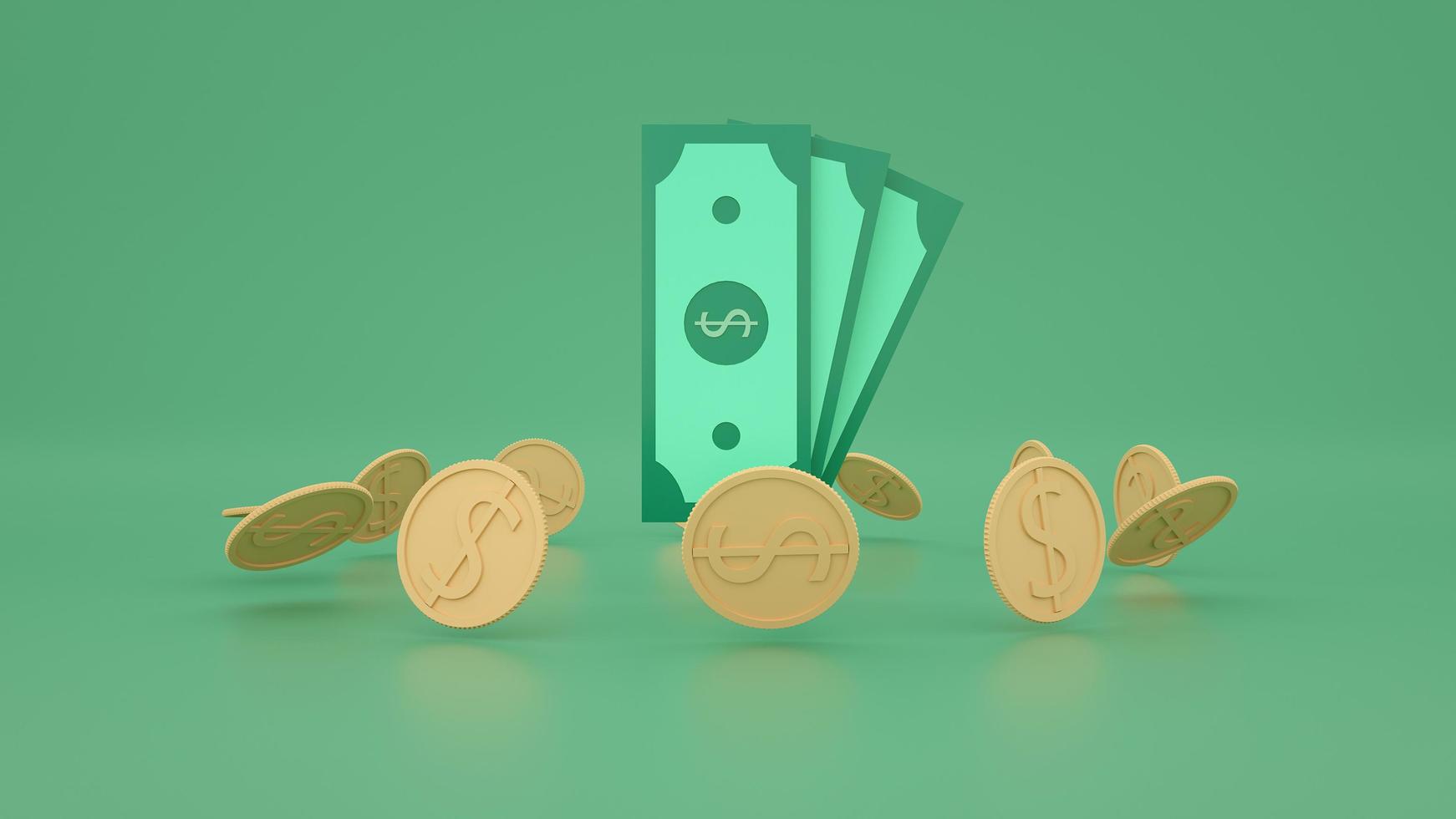 Cash dollar bills and floating coins around on green background. money-saving, cashless society concept. photo