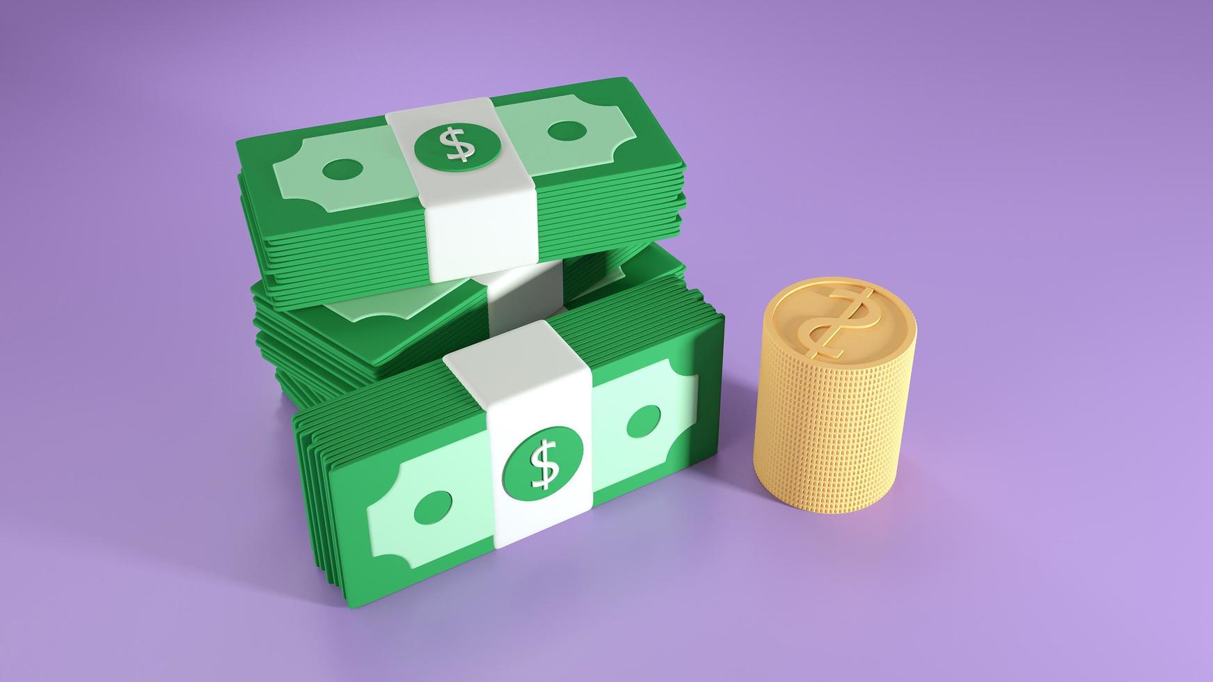 los paquetes de efectivo y las monedas se apilan sobre fondo morado. concepto de sociedad sin efectivo y que ahorra dinero. ilustración de procesamiento 3d foto