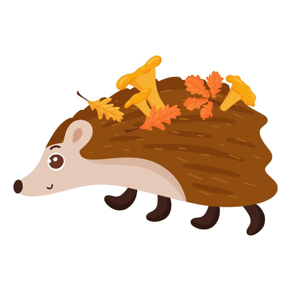 Hedgehog with mushrooms and autumn leaves. Forest animal. Vector cartoon style. Isolated on a white background