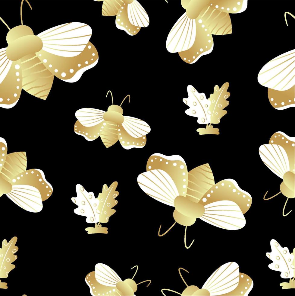 Seamless pattern of gold and black butterflies. Template for the design of trendy fabrics, home textiles, clothing, paper, wallpaper, unusual packaging, curtains. Vector illustration.