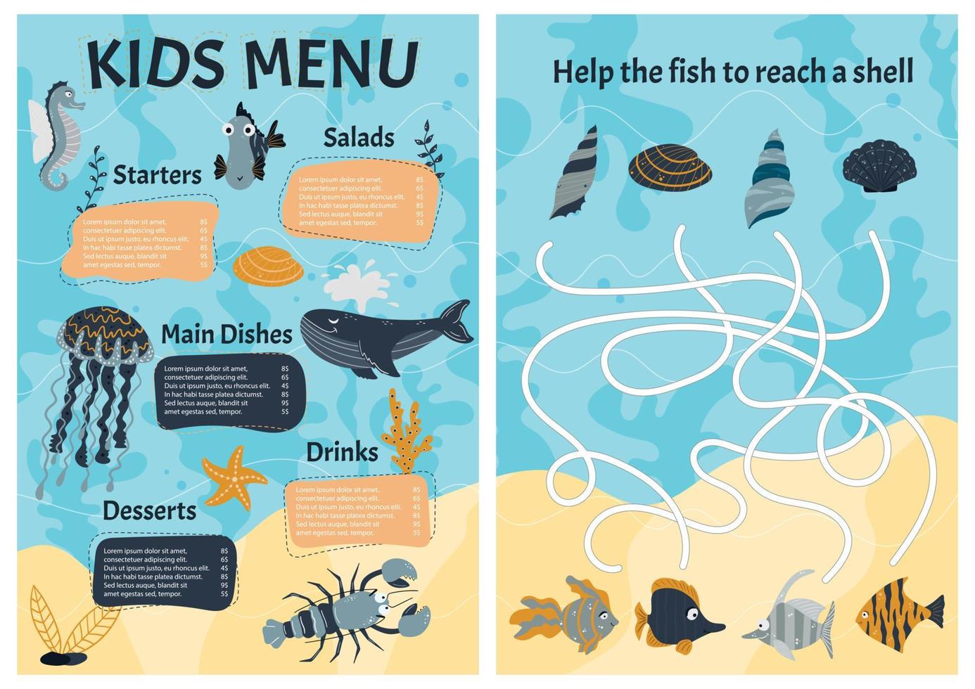 Cute colorful vector template for children's menu with sea animals and logical children's game. Cartoon style.