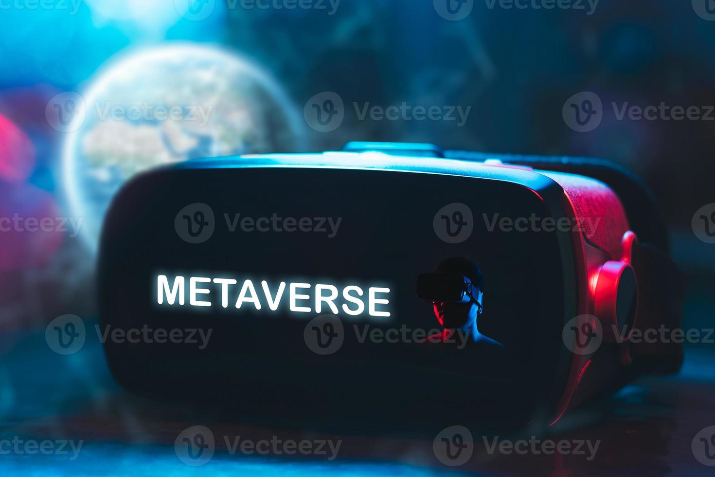 Metaverse technology virtual reality glasses concept, virtual reality device, simulation, 3D, AR, VR, innovation and technology of the future on social media. Elements of this image provided by NASA. photo