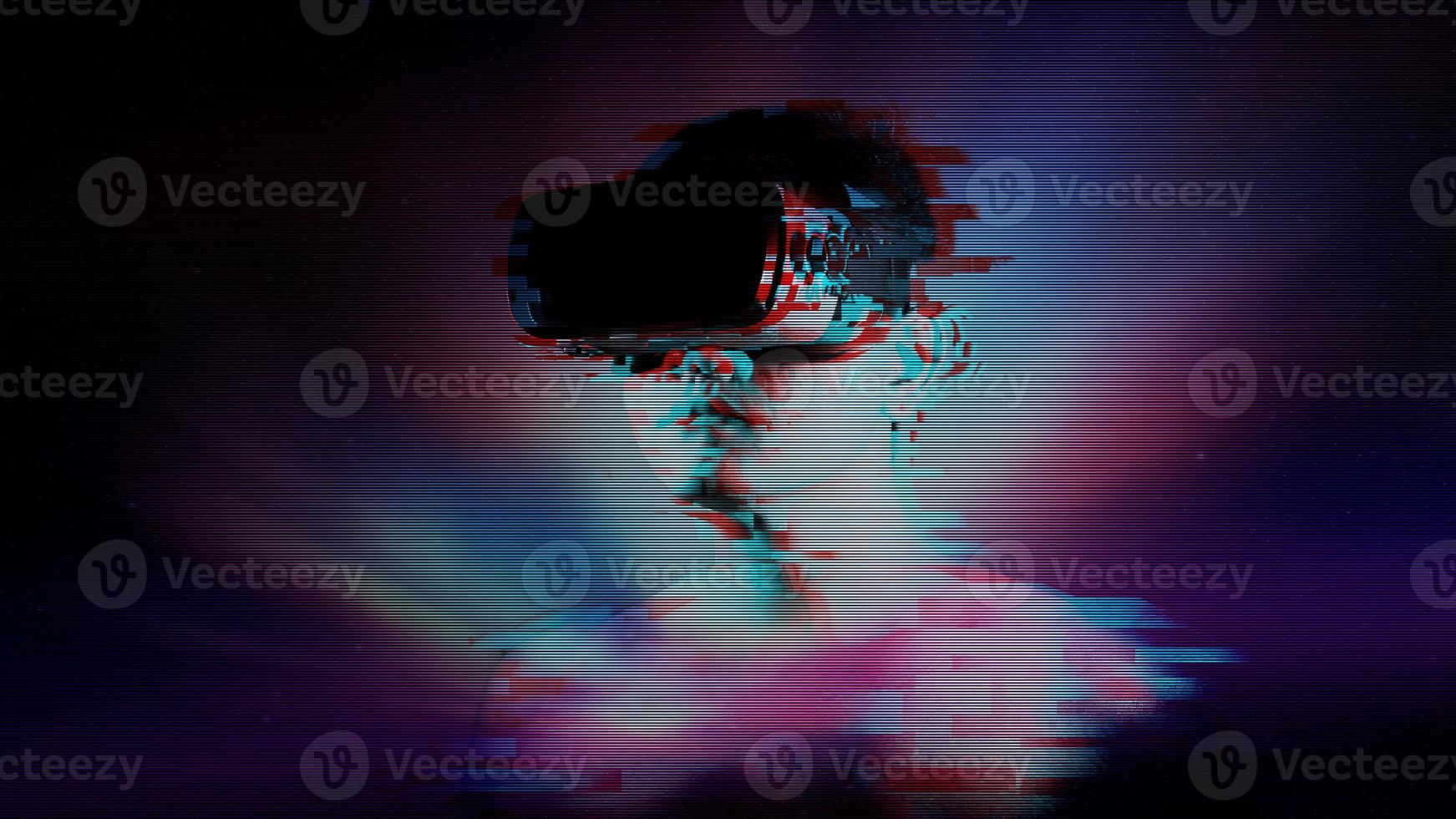 Young man wearing VR goggles and glitch effect. Metaverse technology virtual reality concept. Virtual Reality Device, Simulation, 3D, AR, VR, Innovation and Technology of the Future on Social Media. photo