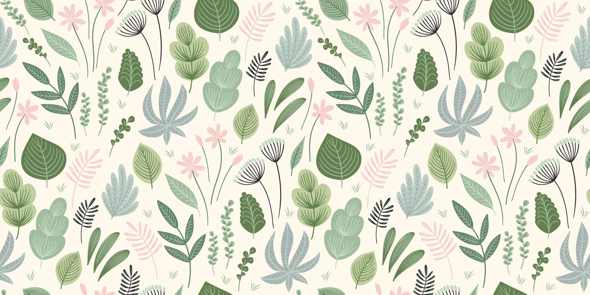 Abstract gentle seamless pattern with leaves, flowers and grass. Modern exotic design vector
