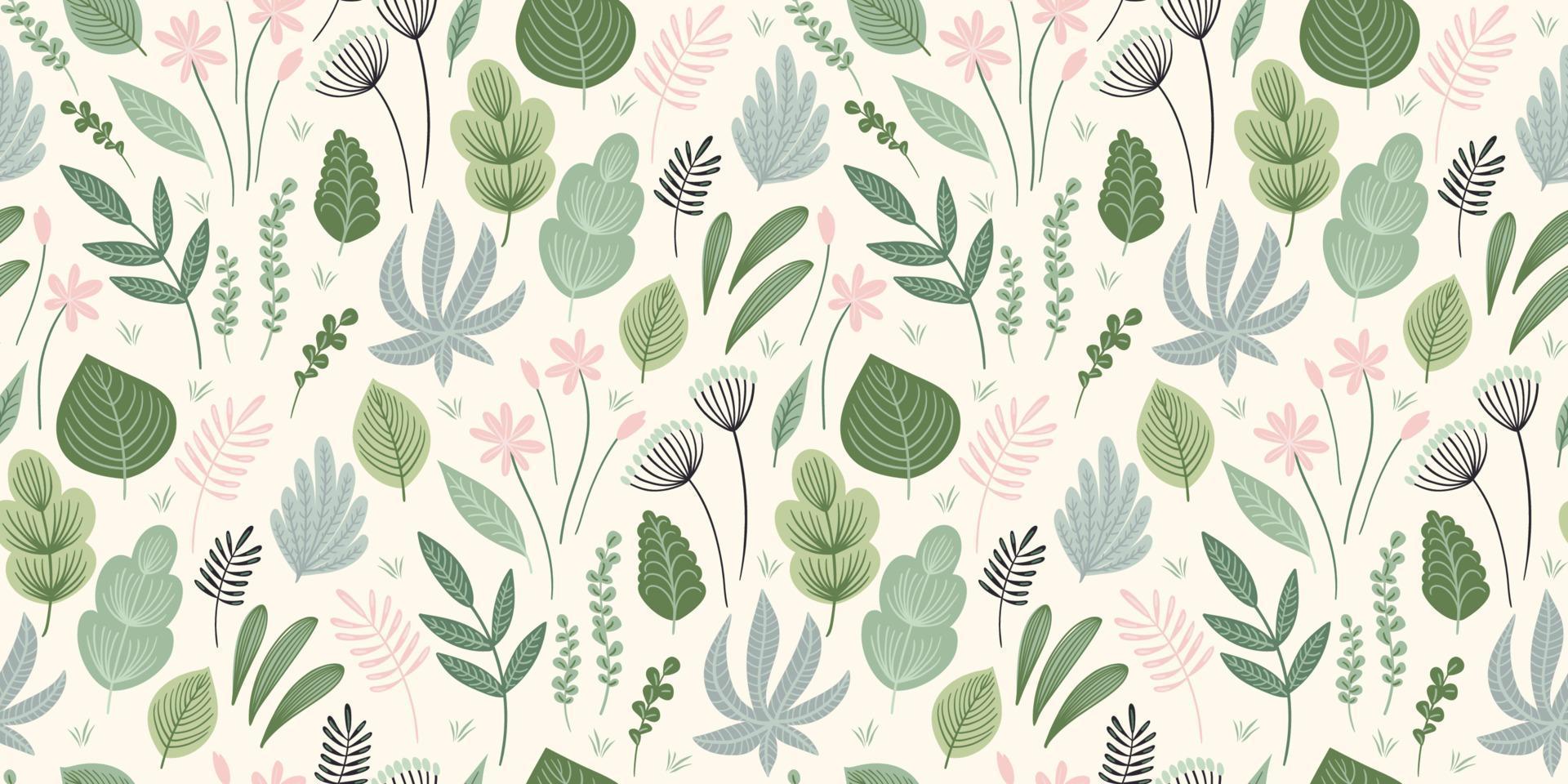 Abstract gentle seamless pattern with leaves, flowers and grass. Modern exotic design vector