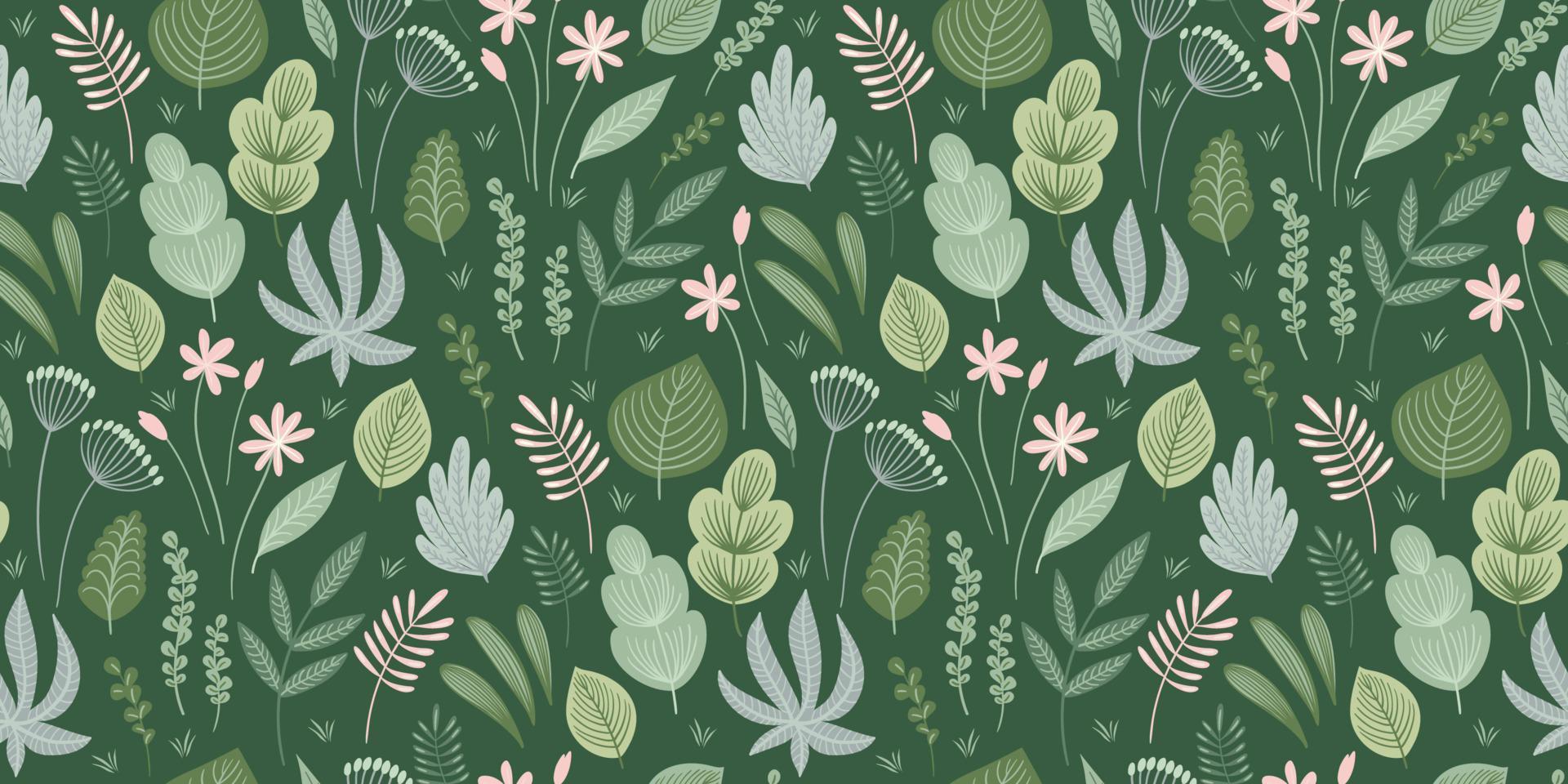 Abstract gentle seamless pattern with leaves, flowers and grass. Modern exotic design vector