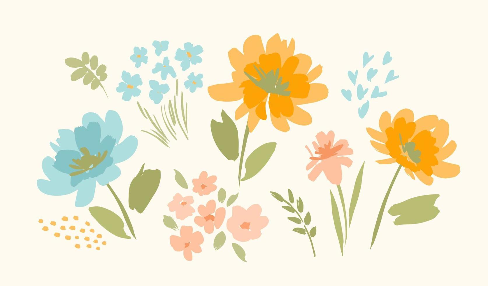 Set of floral design elements. Leaves, flowers, grass, branches. Vector illustration