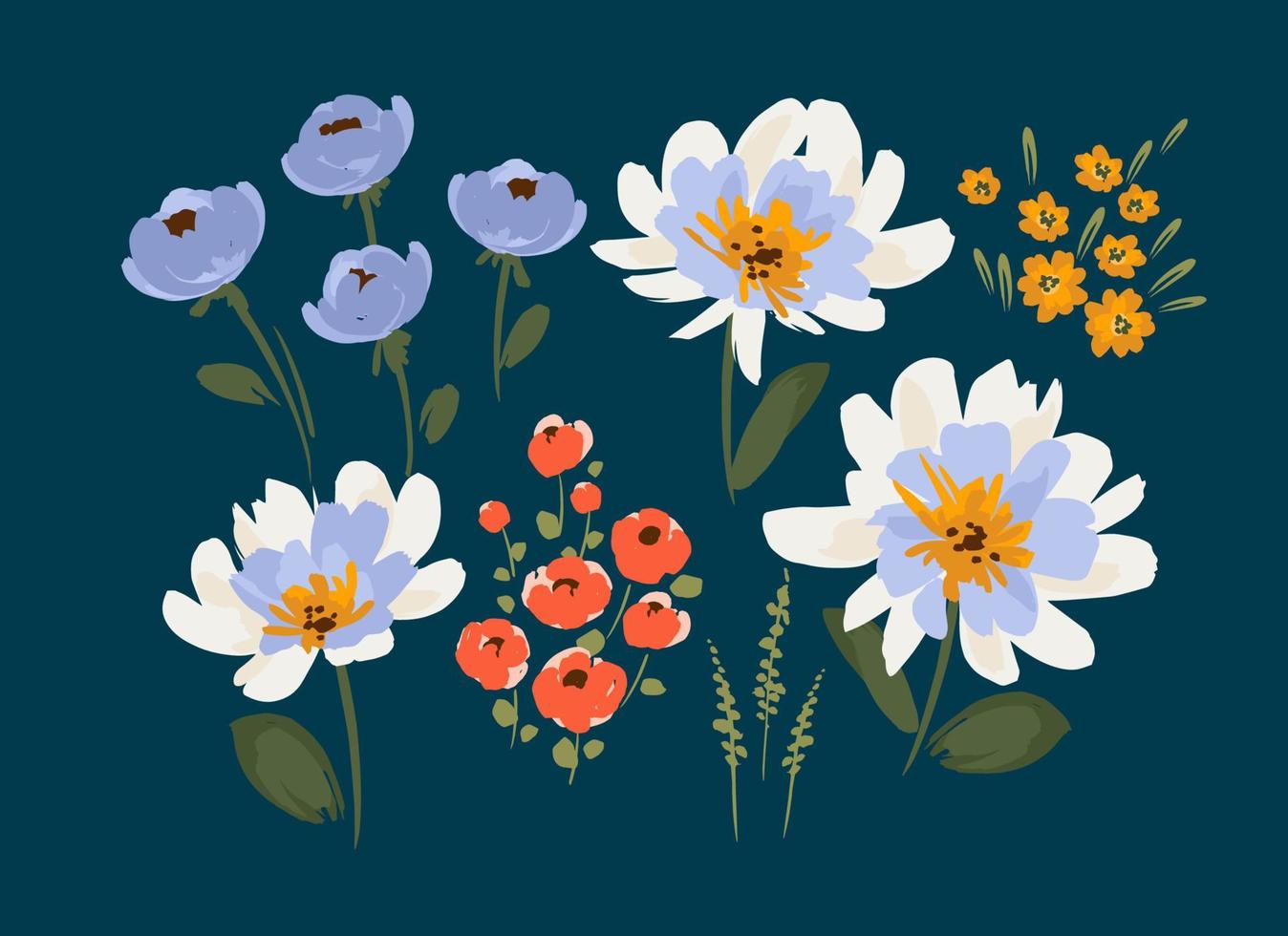 Set of floral design elements. Leaves, flowers, grass, branches. Vector illustration