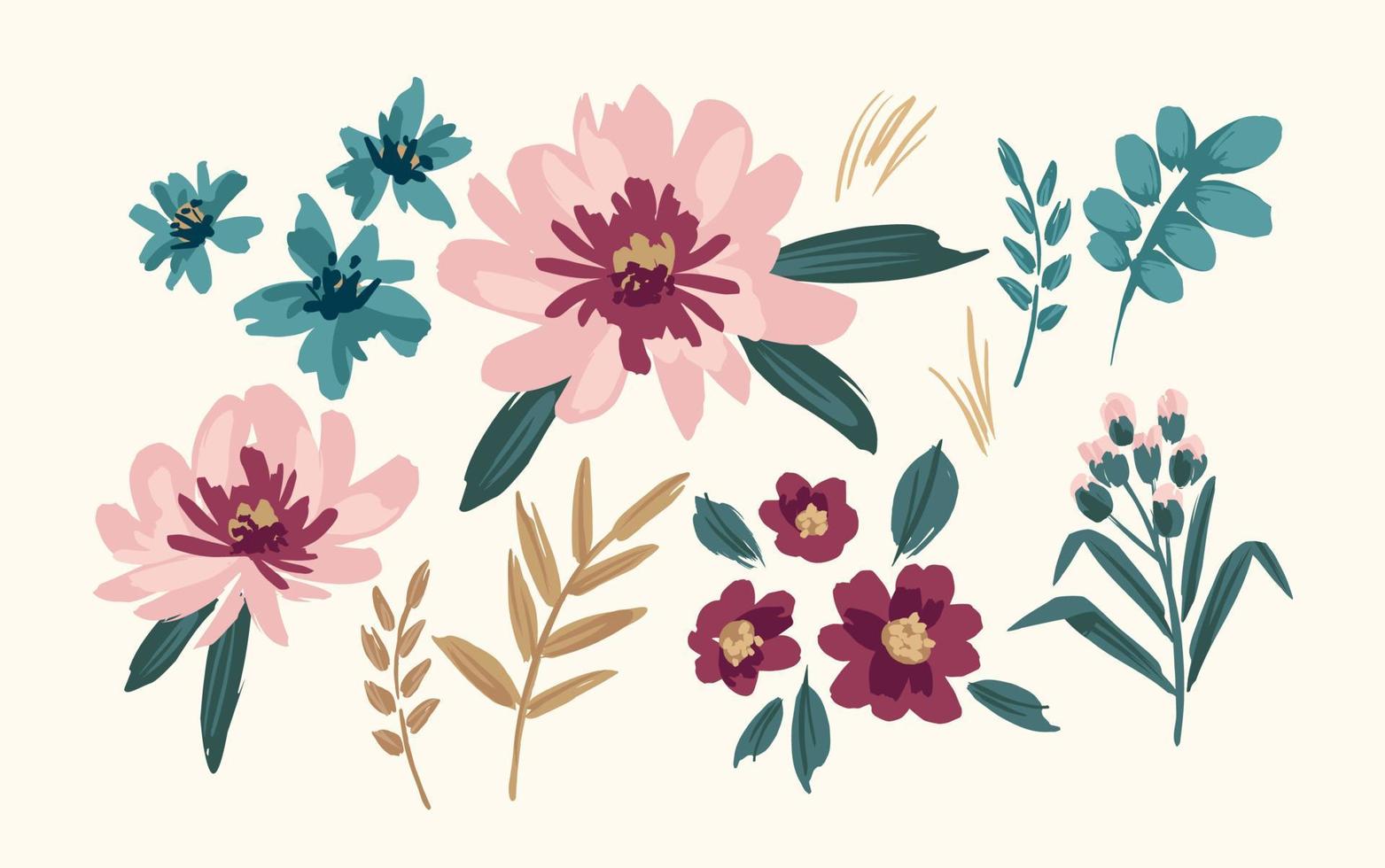 Set of floral design elements. Leaves, flowers, grass, branches. Vector illustration