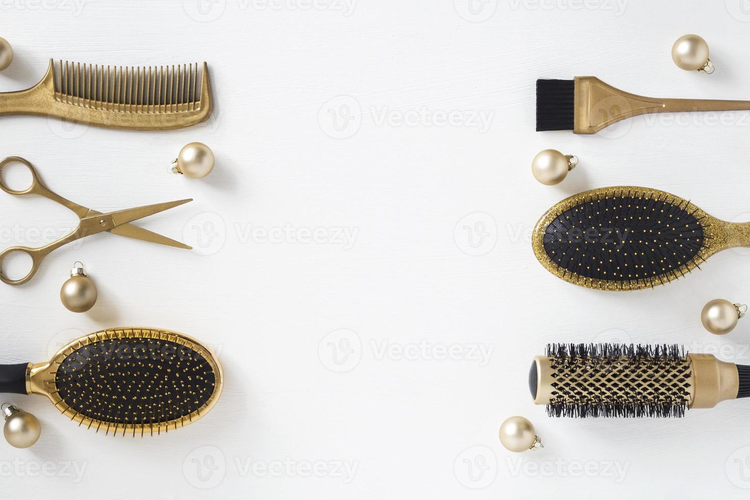 Banner with hairdressing tools in gold color and Christmas balls on a white background. photo