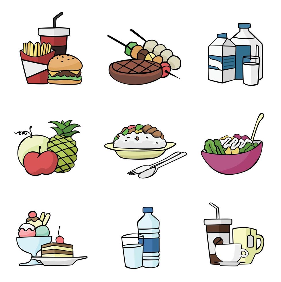 conjunto de alimentos en vector de estilo de dibujo