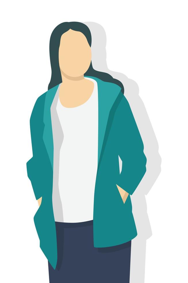 Woman in modern style vector illustration, simple flat shadow isolated on white background.