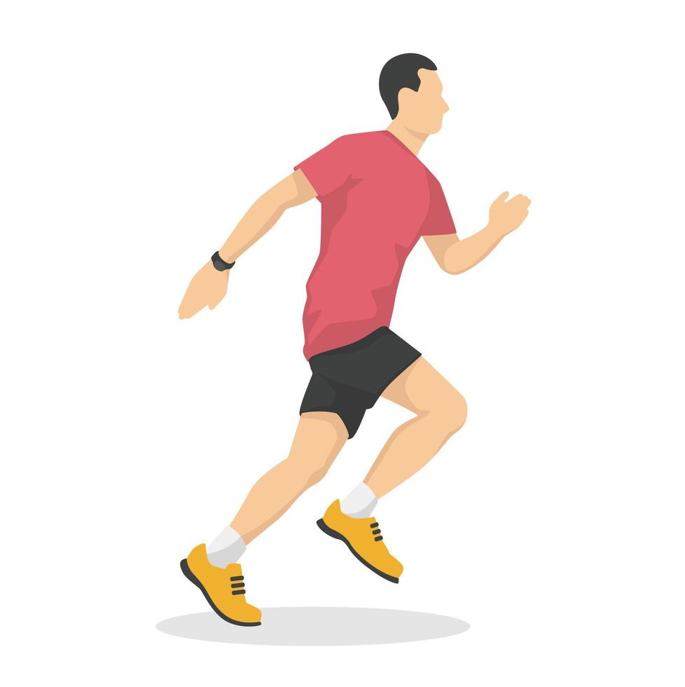 Running man in modern style vector illustration, healthy person simple flat shadow isolated on white background.