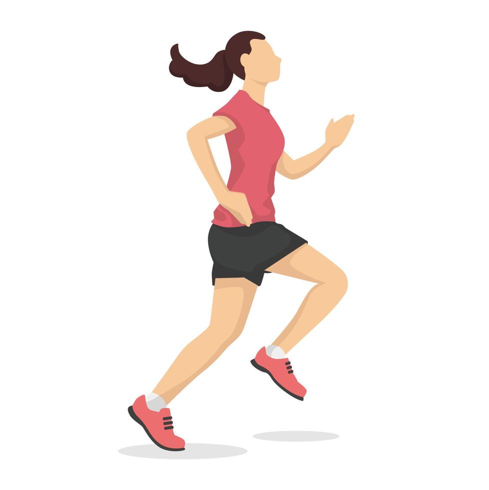 Running woman in modern style vector illustration, healthy person simple flat shadow isolated on white background.