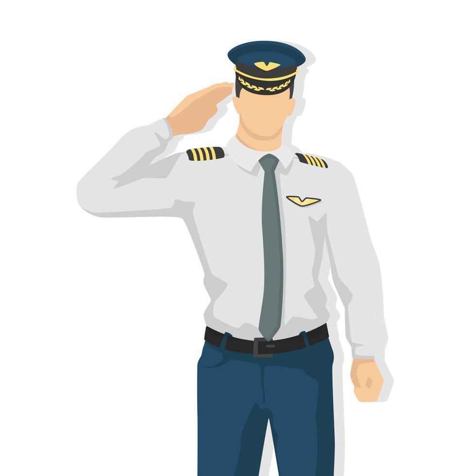 Airplane pilot in modern style vector illustration, man simple flat shadow isolated on white background, captain.