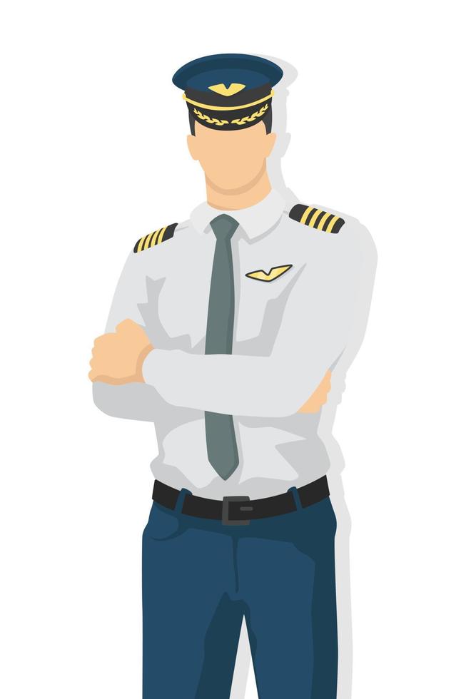 Airplane pilot in modern style vector illustration, man simple flat shadow isolated on white background, captain.