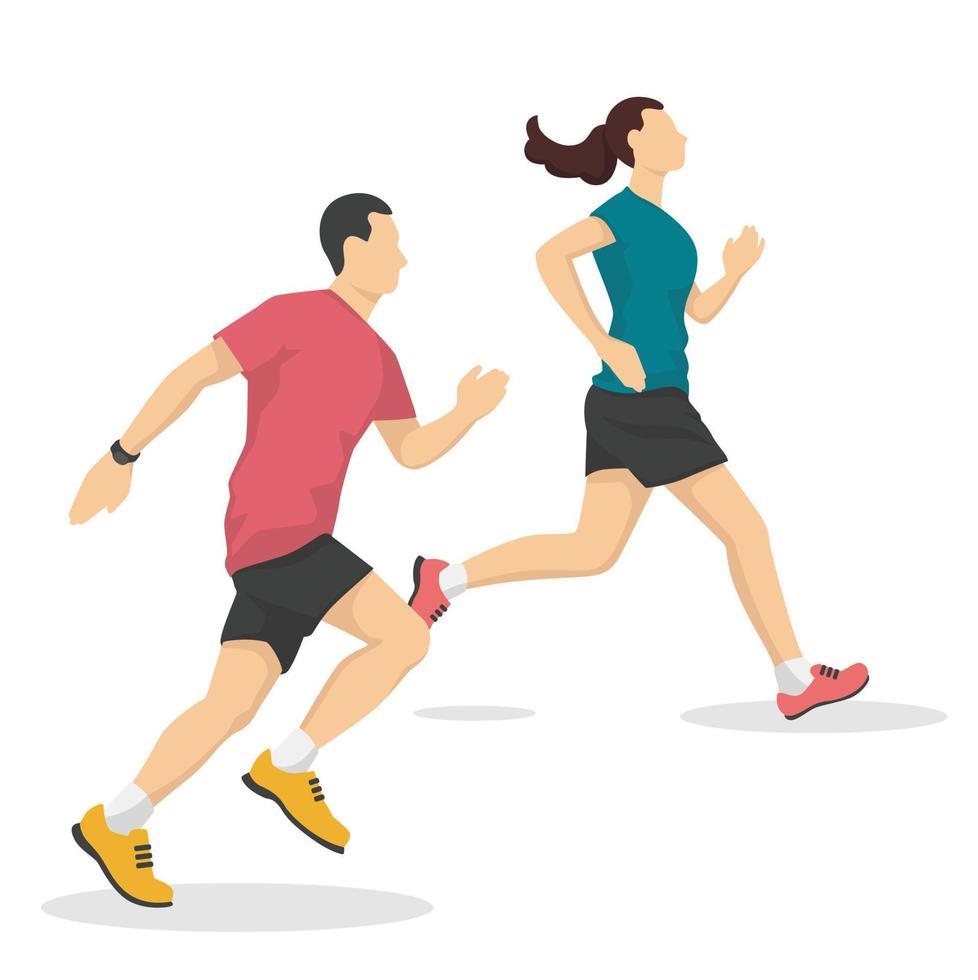 Man and woman are running in modern style vector illustration, healthy person simple flat shadow isolated on white background.