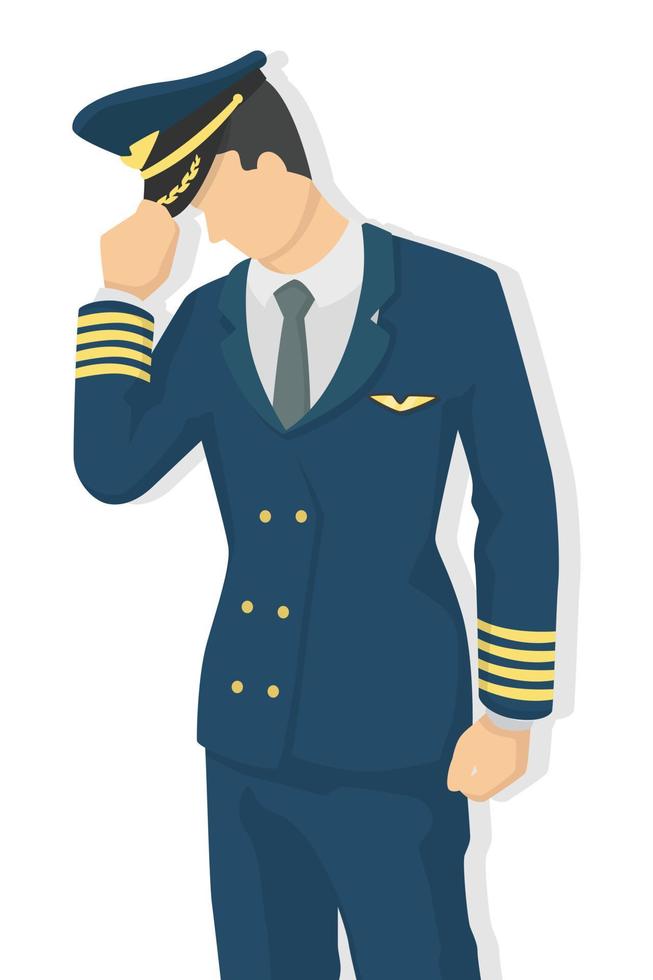 Airplane pilot in modern style vector illustration, man simple flat shadow isolated on white background, captain.