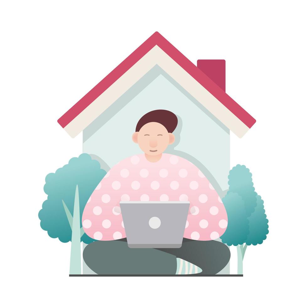 Sitting young man with laptop for work from home in simple modern flat style vector, people and technology concept abstract for your design work, presentation, website. vector