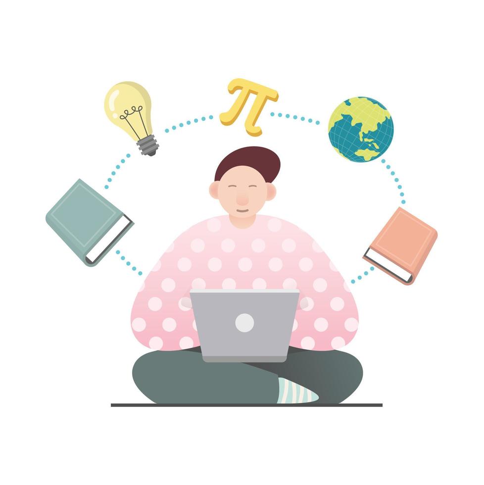 Sitting young man with laptop for work from home in simple modern flat style vector, people and technology concept abstract for your design work, presentation, website. vector