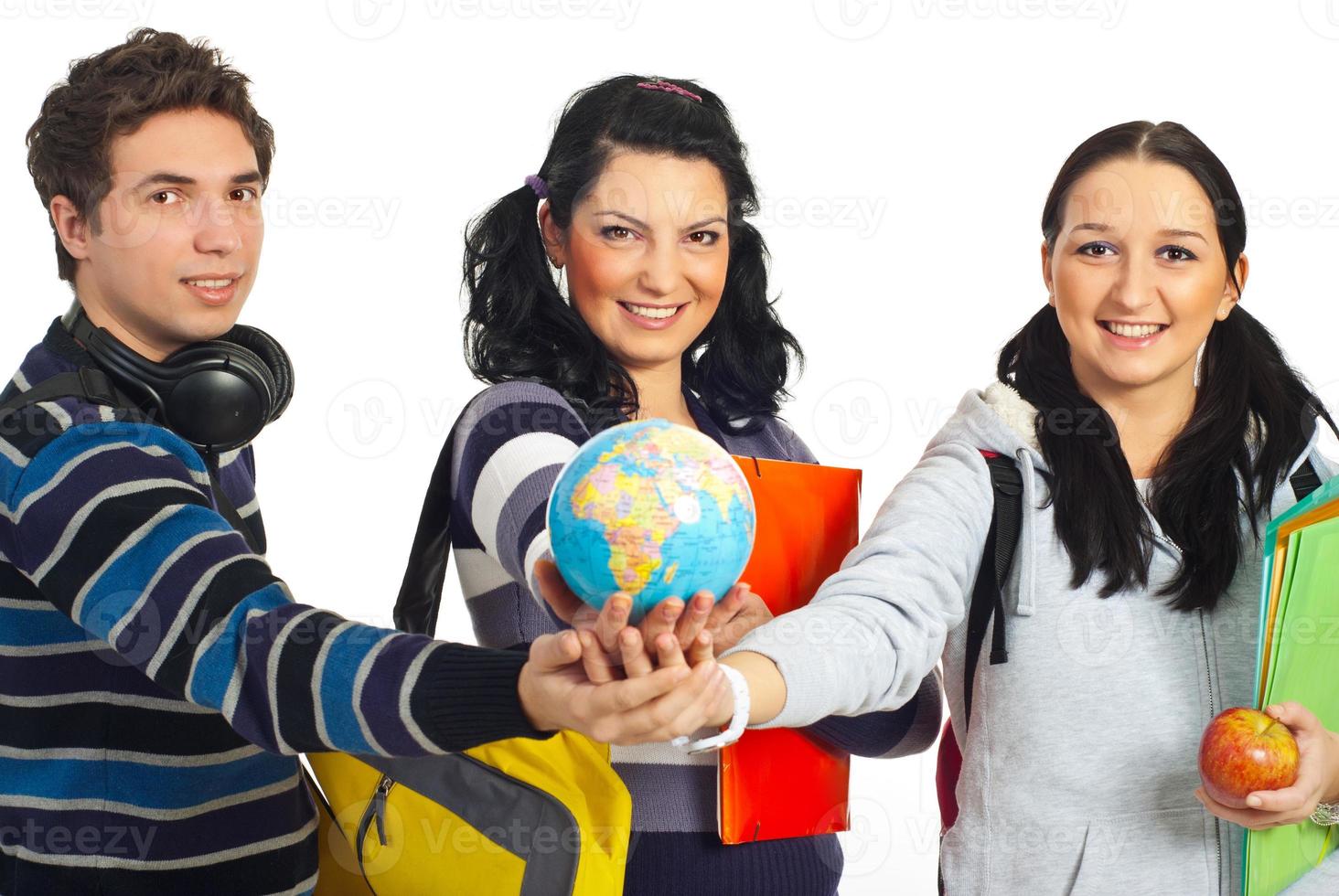 Students with hands together holding globe photo