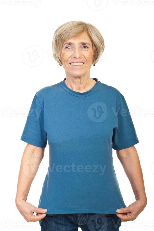 Mature woman showing her t-shirt photo