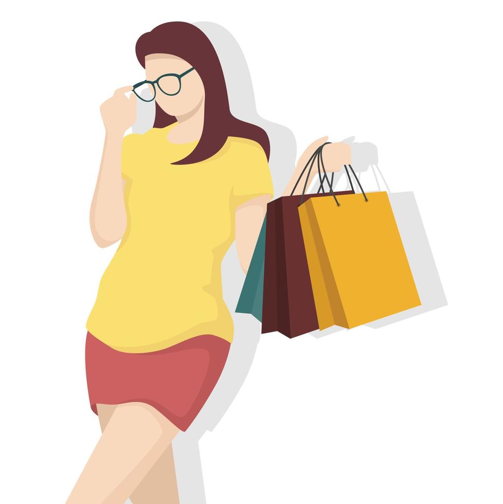 mujer feliz con bolsa de compras en estilo plano moderno, gente sencilla y concepto de moda sobre fondo blanco. vector