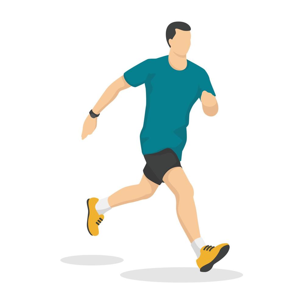 Running man in modern style vector illustration, healthy person simple flat shadow isolated on white background.